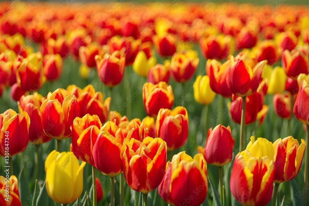 Red and yellow striped tulips in a blooming field with a vibrant spring atmosphere
Red and yellow striped tulips in a blooming field with a vibrant spring atmosphere