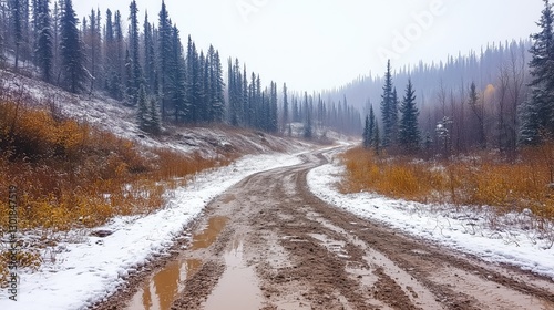 A rugged dirt road covered in melting snow, surrounded by a forest of tall evergreen trees. Perfect for adventure, travel, and seasonal change themes