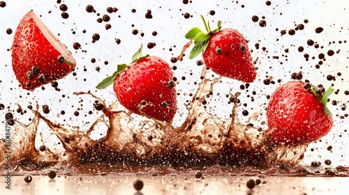 Red Strawberries Splashing into Brown Chocolate Sauce