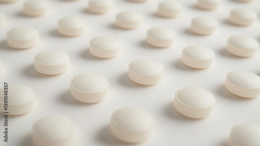 A close-up of numerous white pills arranged uniformly on a light surface, conveying a sense of order and cleanliness. A close-up of numerous white pills arranged uniformly on a light surface, conveying a sense of order and cleanliness.