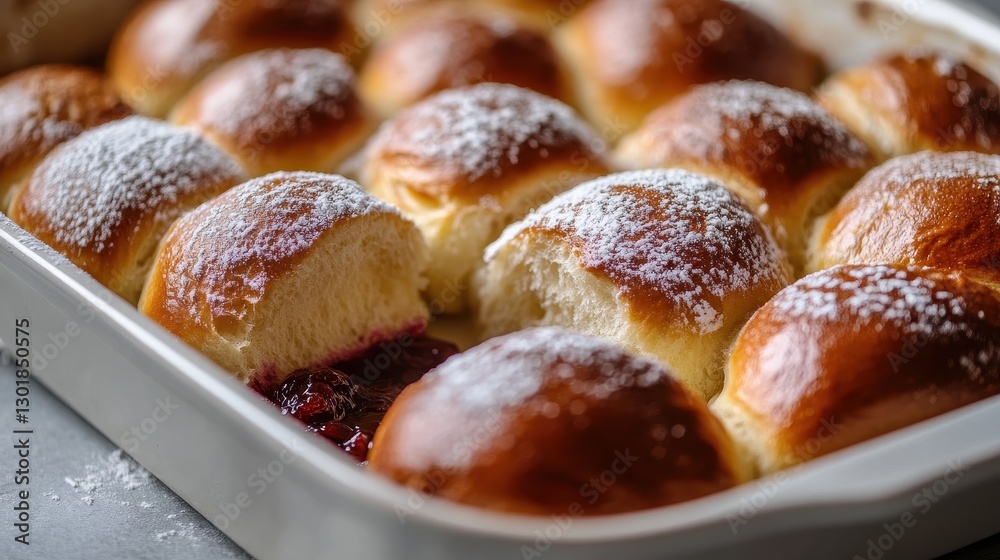 Freshly baked sweet rolls with powdered sugar, showcasing a delightful golden-brown color and a berry jam filling. Freshly baked sweet rolls with powdered sugar, showcasing a delightful golden-brown color and a berry jam filling.