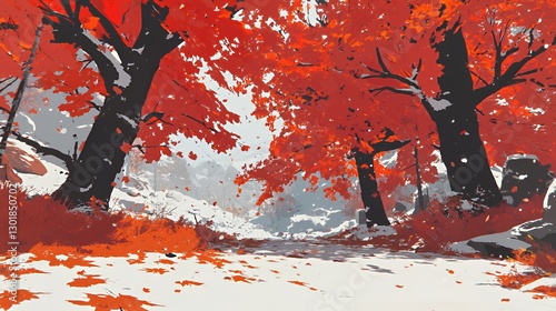 Red Trees in Snowy Forest Winter Landscape