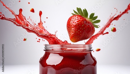 a jar of strawberry jam with strawberrie jam splashing out of the jar with a white background photo