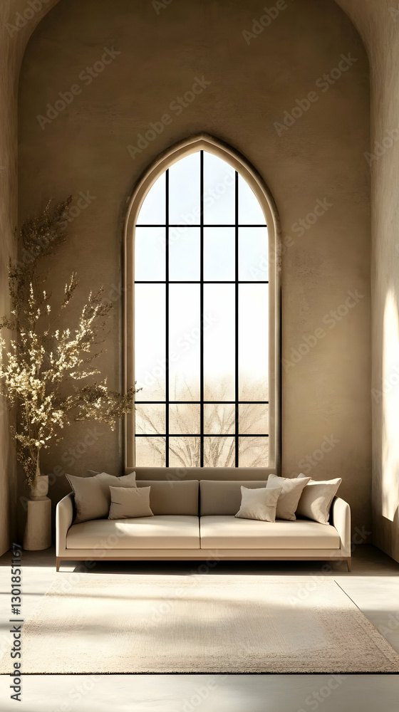 Fototapeta premium 3D Illustration Minimalist Interior Design Living Room, Sofa, Window, and Plant