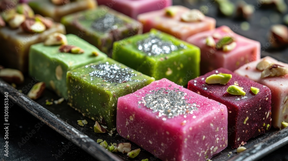 Colorful sweets topped with nuts, showcasing a vibrant array of flavors and textures. Colorful sweets topped with nuts, showcasing a vibrant array of flavors and textures.