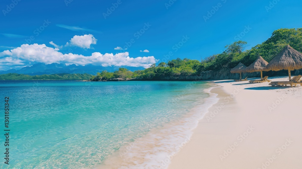 Idyllic tropical beach with turquoise ocean and white sand under a sunny sky Idyllic tropical beach with turquoise ocean and white sand under a sunny sky