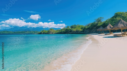 Idyllic tropical beach with turquoise ocean and white sand under a sunny sky