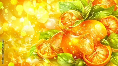 Ripe Oranges with Green Leaves on a Golden Sparkling Background