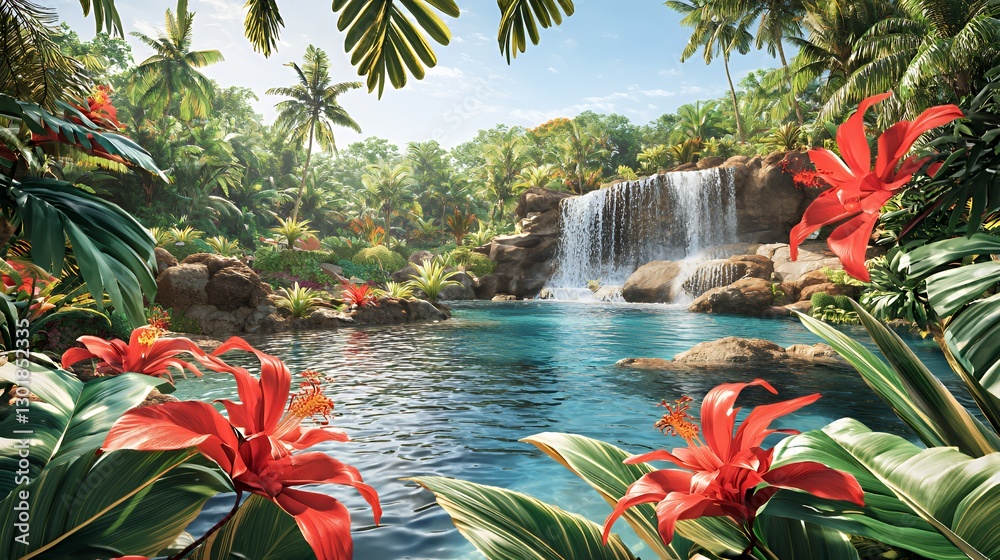 Fototapeta premium Lush Tropical Waterfall and Pool Landscape
