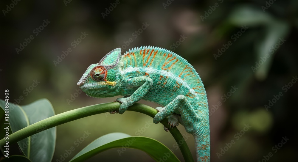 Fototapeta premium Vibrant green chameleon on curved branch showcasing unique colors and patterns