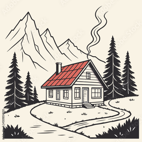 Vector Cabin, mountain and pine tree