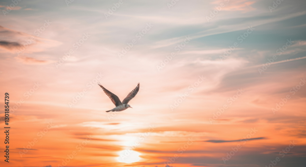 Fototapeta premium Seagull soaring at sunset over tranquil ocean