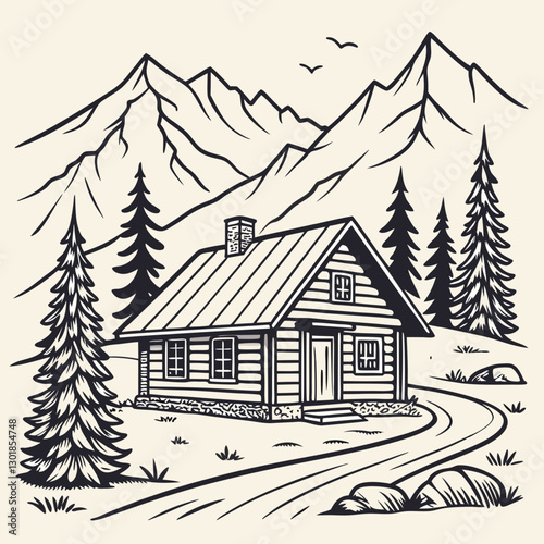 Vector Cabin, mountain and pine tree