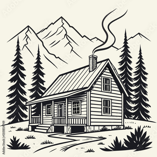 Vector Cabin, mountain and pine tree