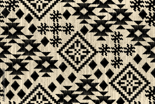 Damask seamless pattern, Ikat Navajo seamless pattern background, geometric folklore ornament, ethnic oriental embroidery, Aztec style, baroque. Design for texture, clothing, decoration, fashion