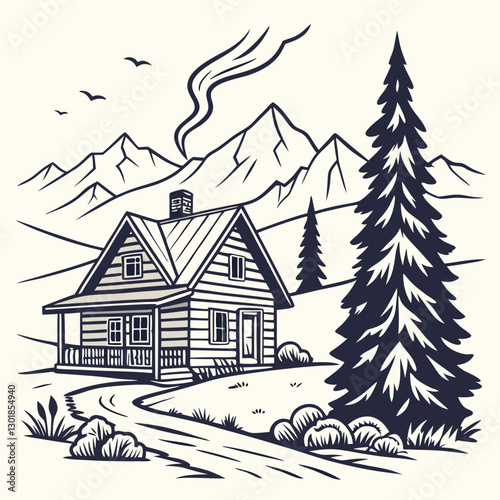 Vector Cabin, mountain and pine tree