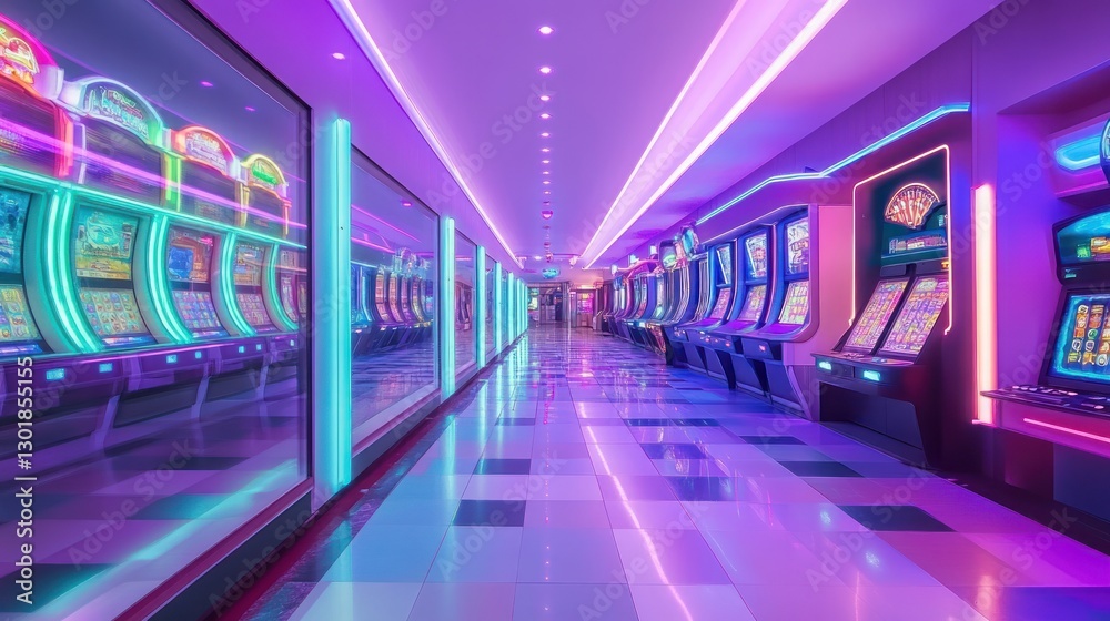 Fototapeta premium Neon Casino Corridor: A Vibrant Nightscape of Slot Machines