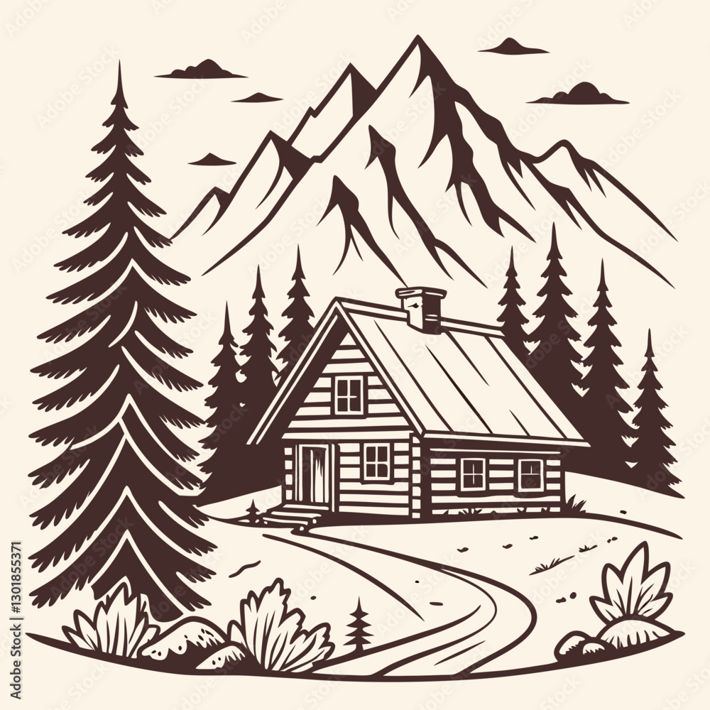 Vector Cabin, mountain and pine tree Vector Cabin, mountain and pine tree