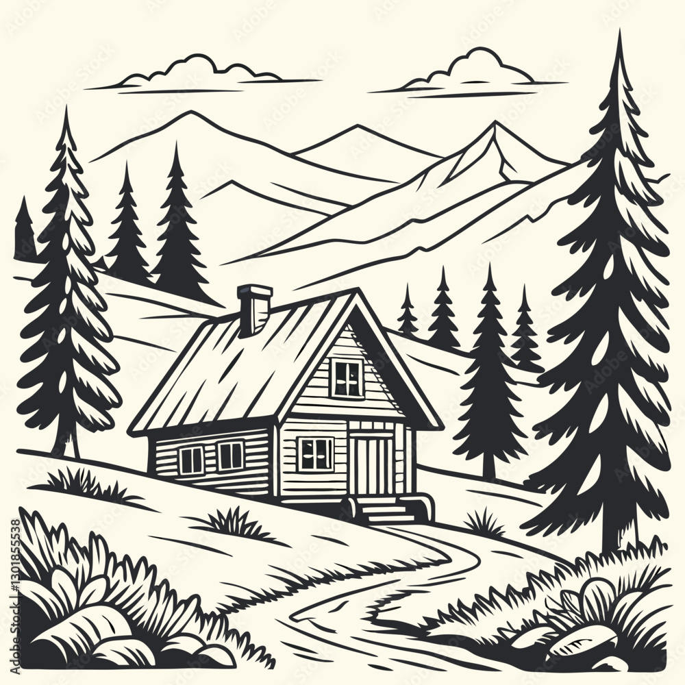 Vector Cabin, mountain and pine tree Vector Cabin, mountain and pine tree