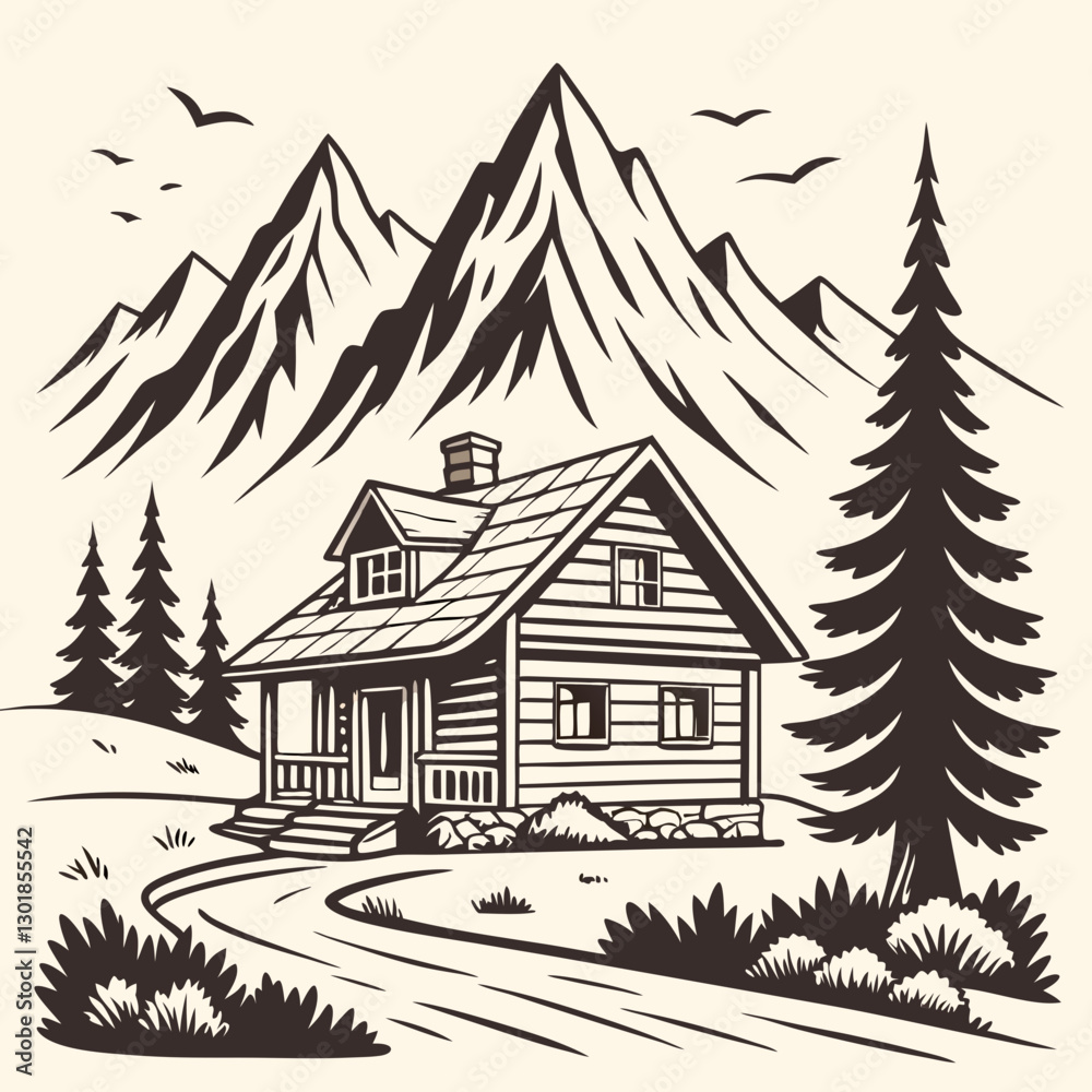 Vector Cabin, mountain and pine tree Vector Cabin, mountain and pine tree