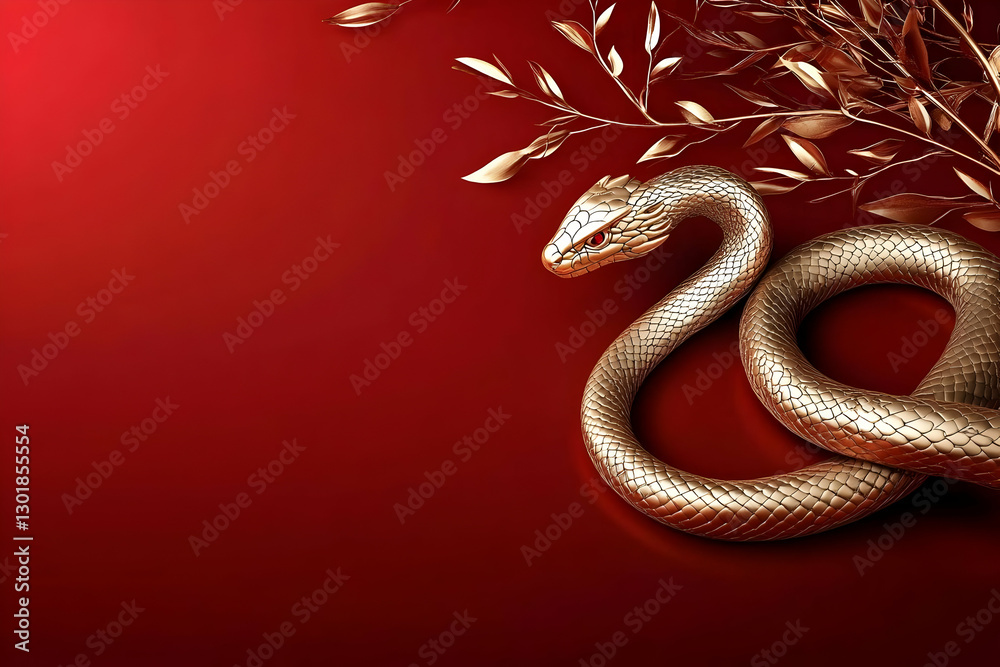 Fototapeta premium 3D Illustration Golden Snake Red Background Scales Reptile Wildlife