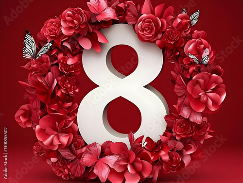 Red Floral 3D Number Eight ...