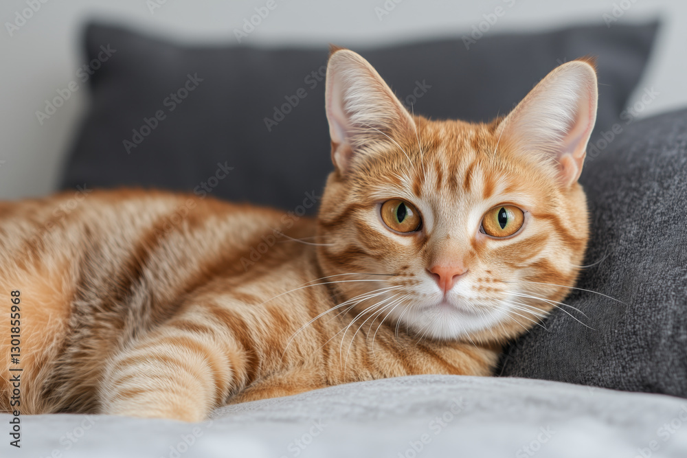 Cute ginger tabby cat with bright eyes lying on a cozy bed, relaxed domestic pet resting in a comfortable home environment Cute ginger tabby cat with bright eyes lying on a cozy bed, relaxed domestic pet resting in a comfortable home environment