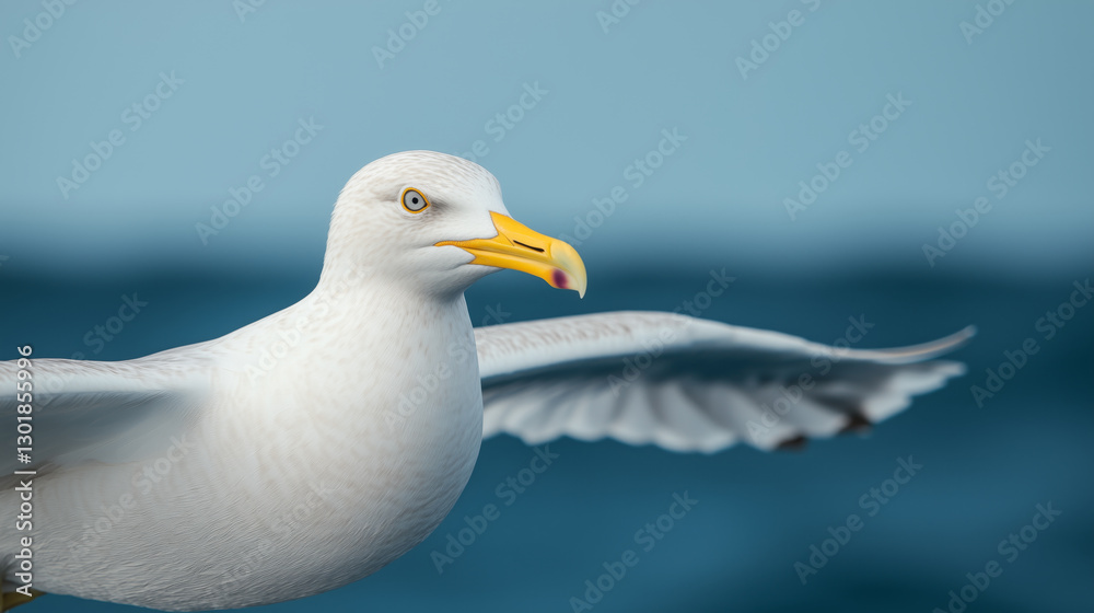 A seagull in flight with wings spread wide over the ocean, detailed bird portrait with a deep blue sea background A seagull in flight with wings spread wide over the ocean, detailed bird portrait with a deep blue sea background