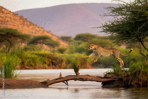 Cheetah Leaping River Wildl...