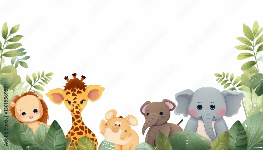 Naklejka premium Cute cartoon animals including a lion, giraffe, pig, elephant, and a baby elephant surrounded by lush greenery