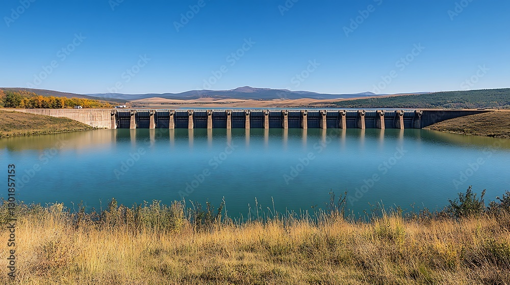 Autumn Dam Reflecting on Calm Reservoir Autumn Dam Reflecting on Calm Reservoir