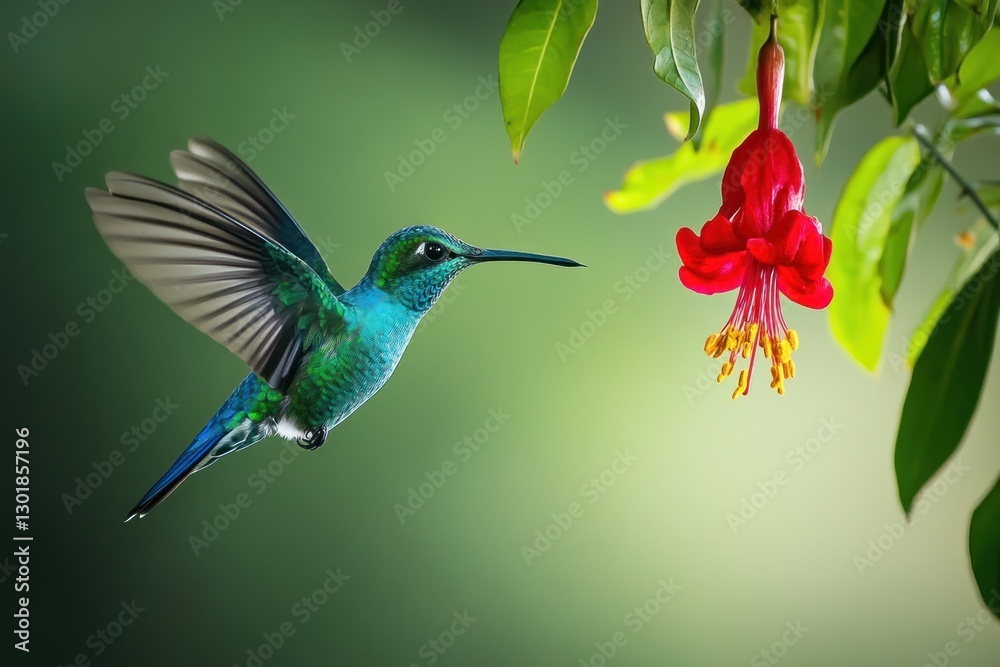 Naklejka premium Vibrant hummingbird hovering near a red flower.