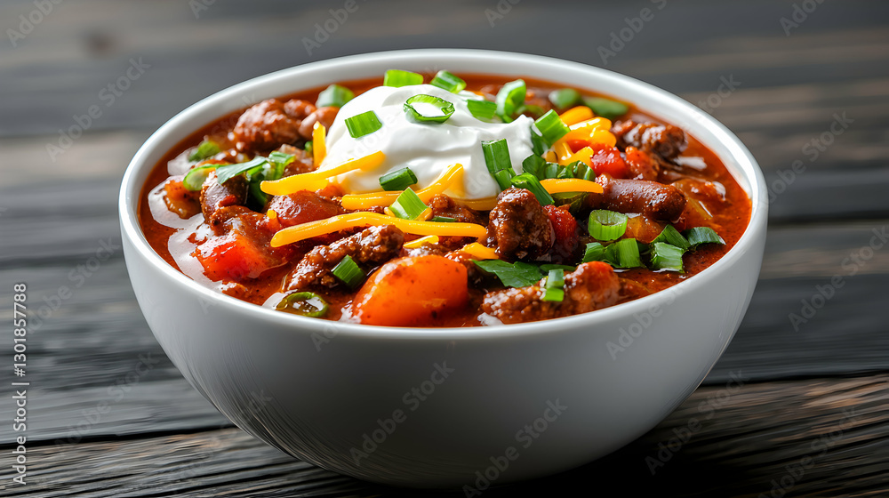 Hearty Beef Chili in White Bowl Topped with Cheese and Sour Cream Hearty Beef Chili in White Bowl Topped with Cheese and Sour Cream