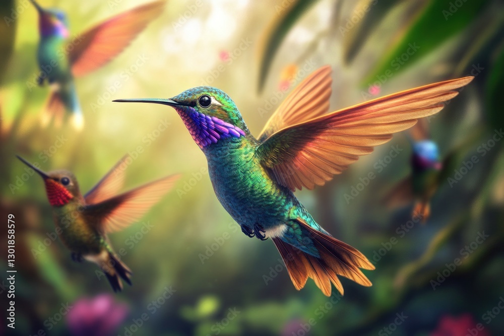Naklejka premium Vibrant hummingbirds in flight amidst lush foliage.