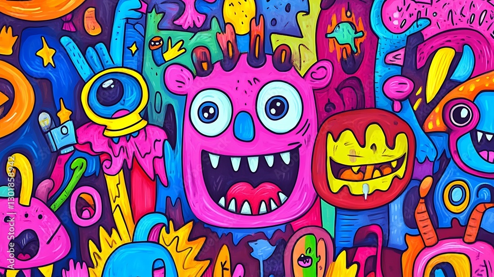 Colorful Cartoon Monster Characters Crowd Together with Playful Design Style Colorful Cartoon Monster Characters Crowd Together with Playful Design Style