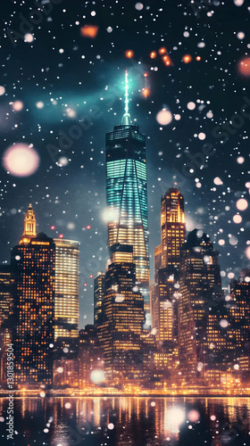 Photo Snowy Night Cityscape...
