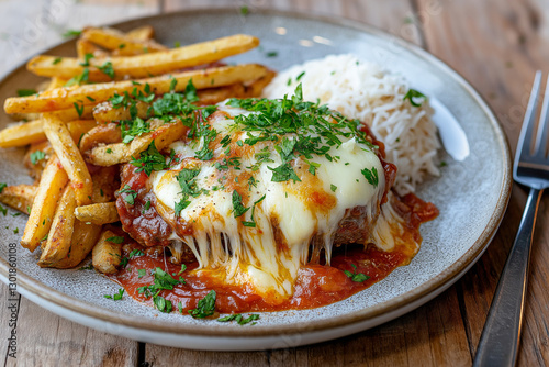 Close-up image of a delicious brazilian beef parmegiana