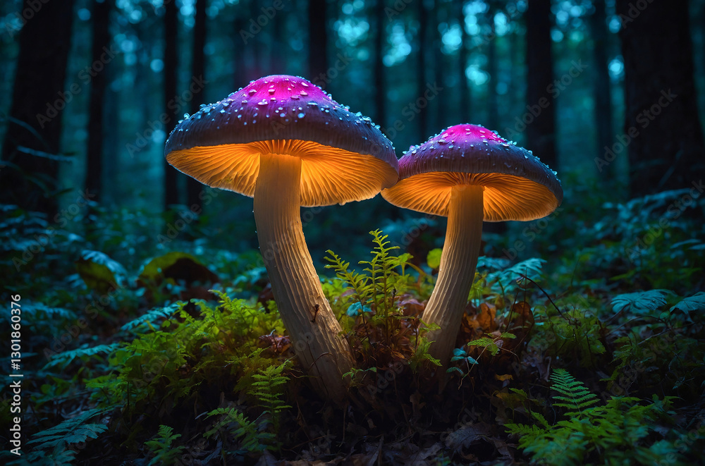 Fototapeta premium Fantasy glowing mushrooms in a dark enchanted forest