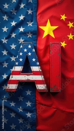 USA vs China AI Race - Letters AI with Flags. Ideal for articles and content about global technology competition, international AI development, future of technology leadership.