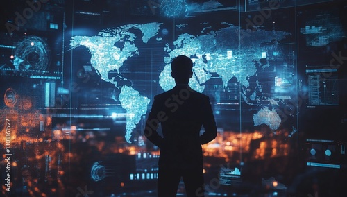 Wallpaper Mural Silhouette of a Man Observing a Global Digital Network Map Torontodigital.ca