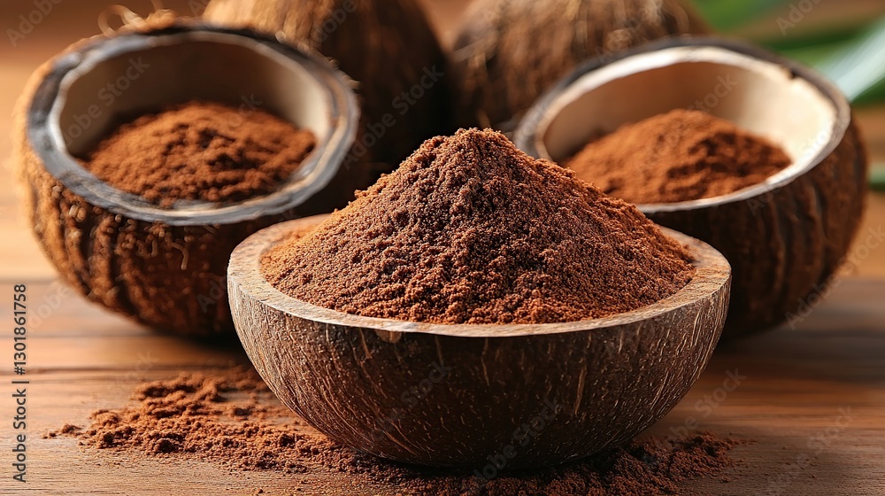 Coconut shell bowls filled with cocoa powder, tropical background