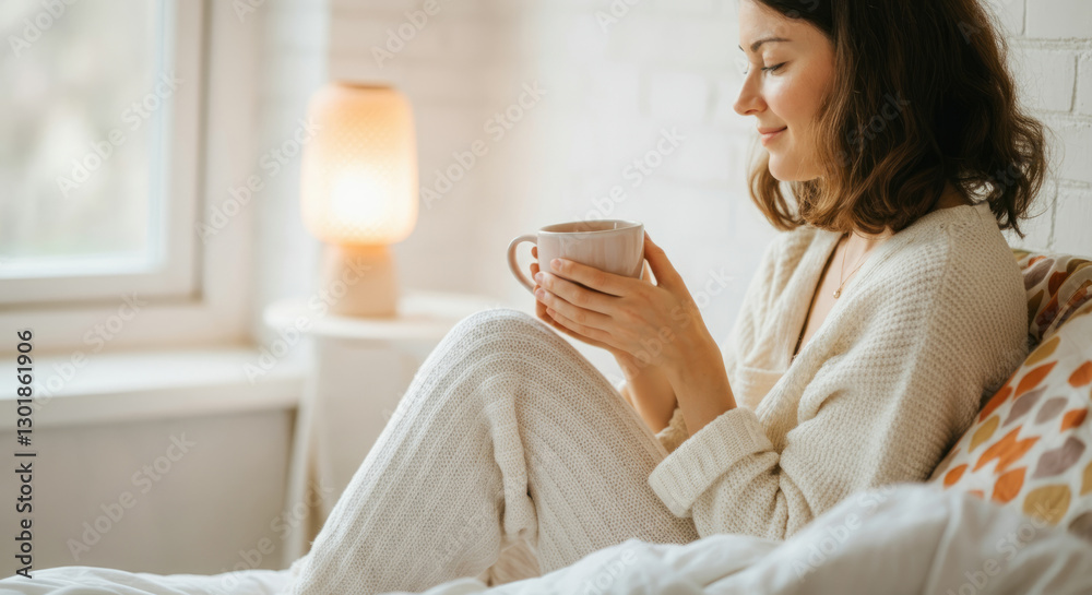 Young caucasian female relaxing with warm drink in cozy bedroom setting Young caucasian female relaxing with warm drink in cozy bedroom setting
