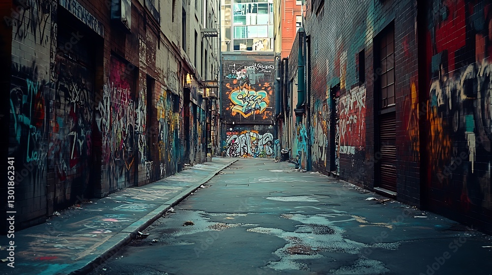 Fototapeta premium Walking Down Graffiti Alleyway with Water Puddles and Urban Decay