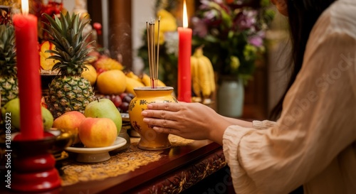 Asian female honoring tradition with fruit and incense at altar