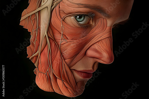 Illustration of Facial Muscles, Nerves, and Anatomy