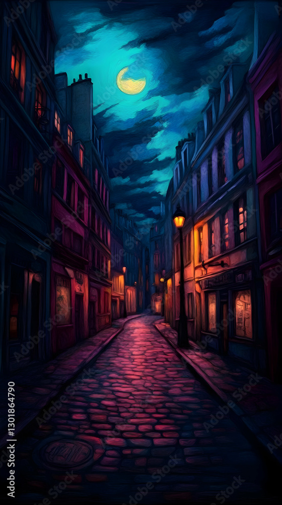 Illustration - Cobblestone Street at Night under Crescent Moon Illustration - Cobblestone Street at Night under Crescent Moon