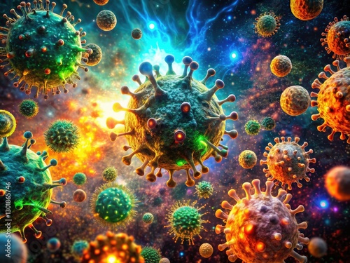 Microscopic battle rages: cellular chaos, digital infection, abstract pandemic imagery. Surreal virus attack.