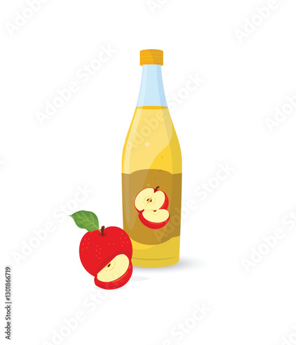 Apple cider vinegar in bottle and red apples fruits isolated on white background