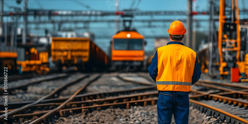 Wallpaper Mural Photo - Railway Worker Overseeing Train Operations at a Rail Yard Torontodigital.ca