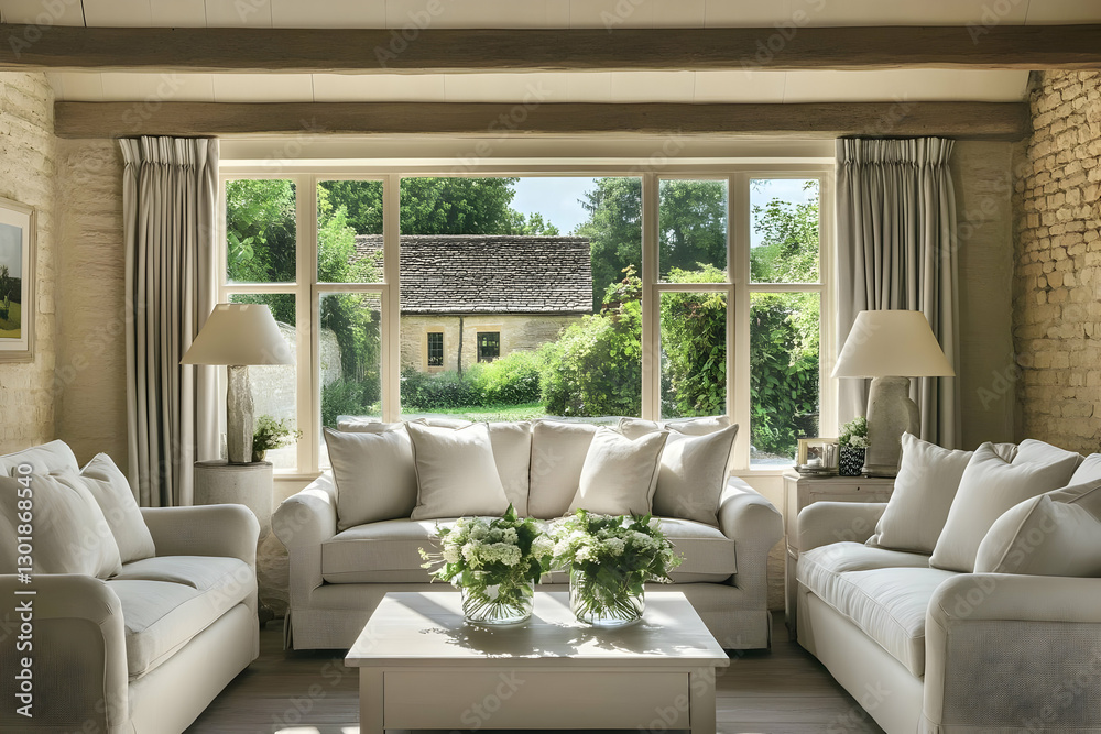 Fototapeta premium Photo Serene Living Room Interior Design, Sofas, and Natural Light